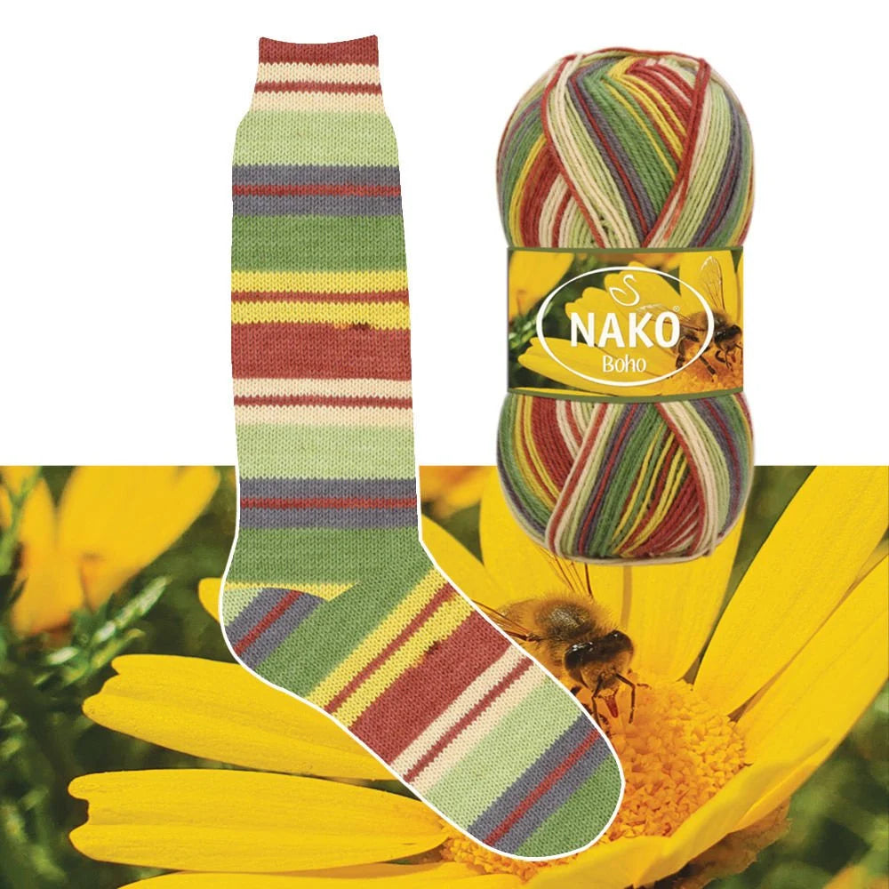 NAKO Boho mezgimo siūlai kojinėms 100g (vilna, poliamidas)